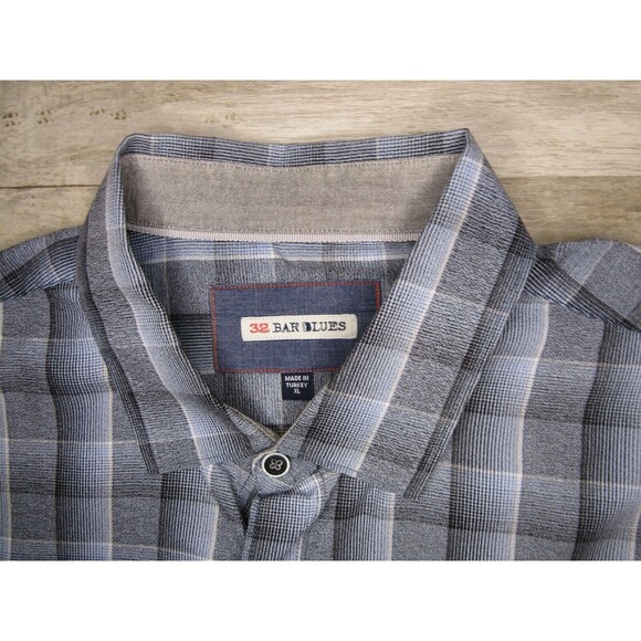 32 Bar Blues Abstract Check Plaid Gray Blue Button Down Shirt Long Sleeve Men XL - Picture 4 of 11